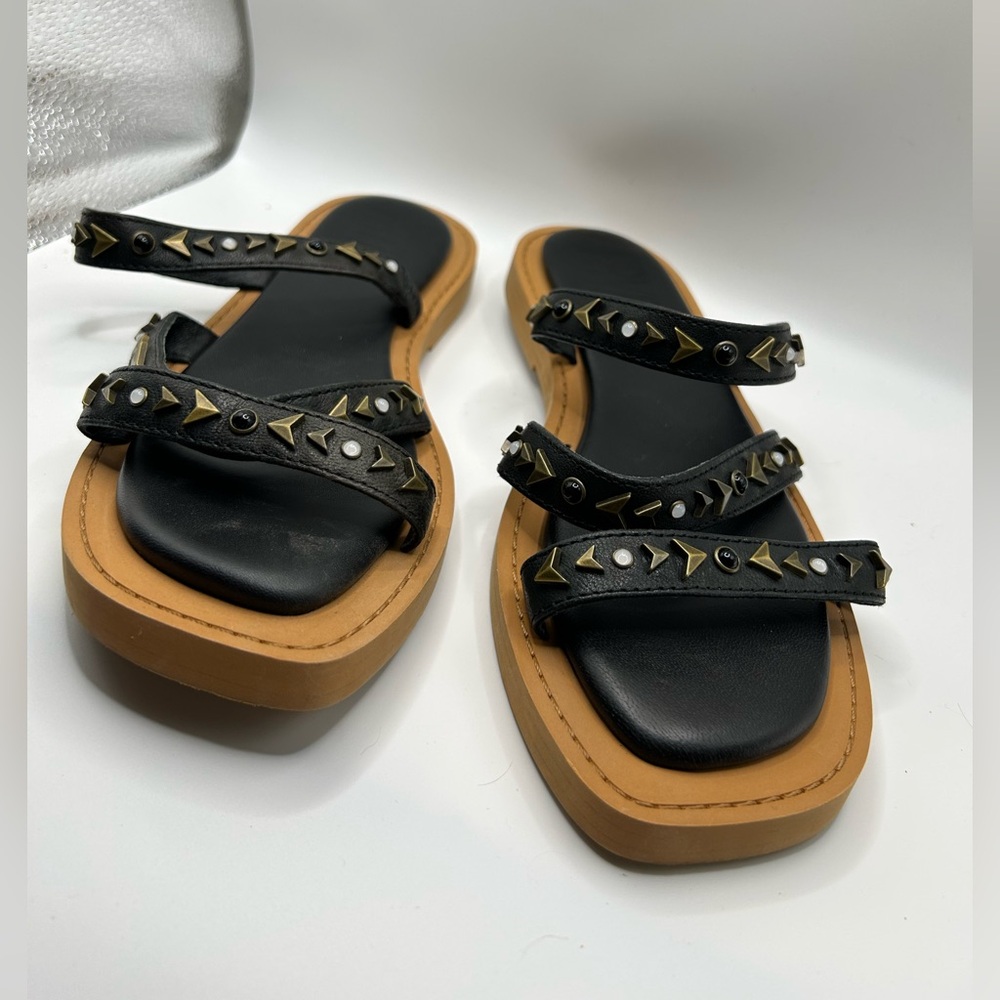 Frye Studded Black Leather Sandals‎ 6.5M • Boho Luxe • Strappy Slide - Picture 7 of 9